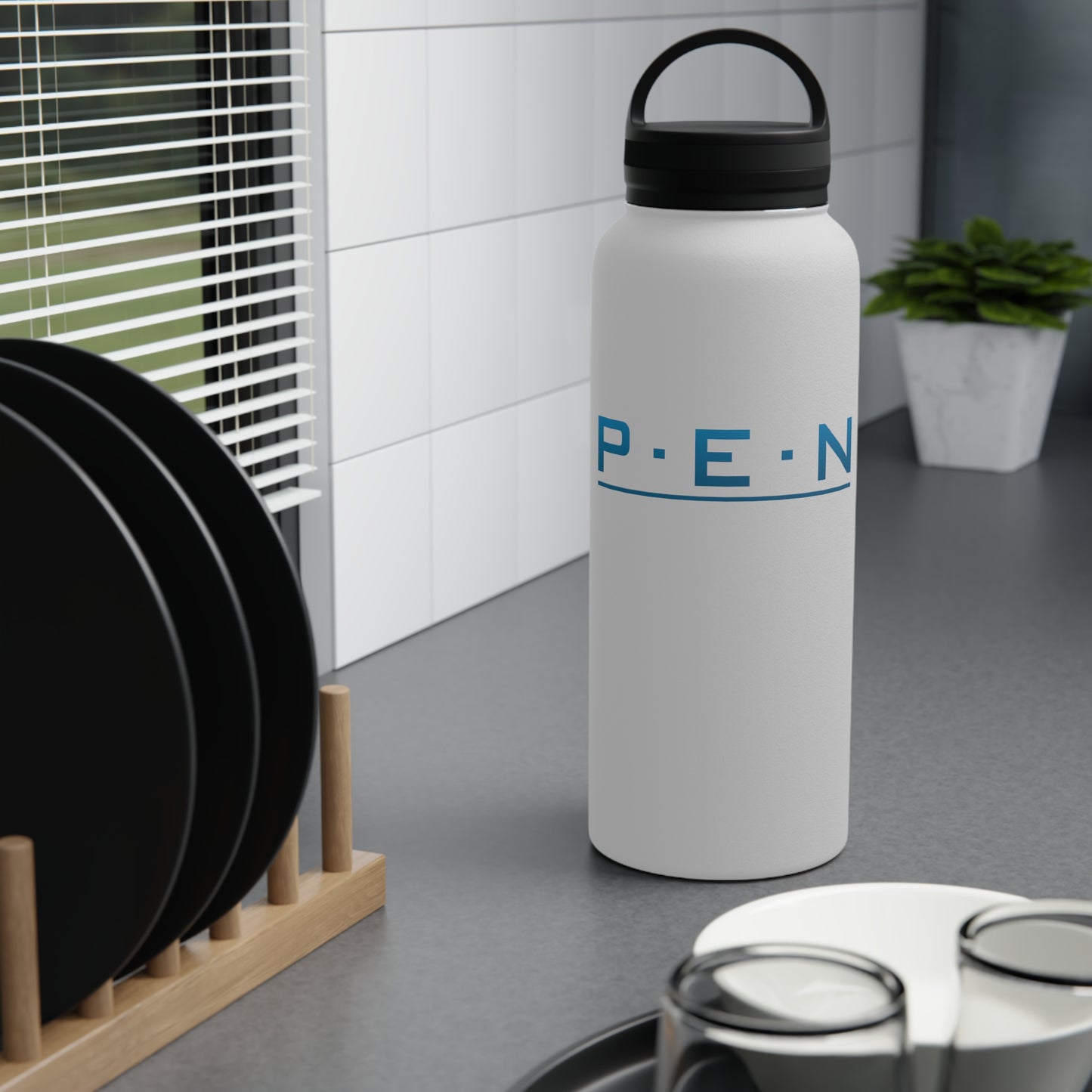 Stainless Steel Water Bottle, Handle Lid - Pen